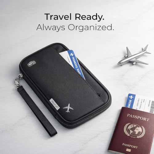 Image of Wooum Passport Case Pouch Bag Holder with Document, Card, Boarding Pass Organizer Holder Passport Organizer case with Handle & RFID (Black)