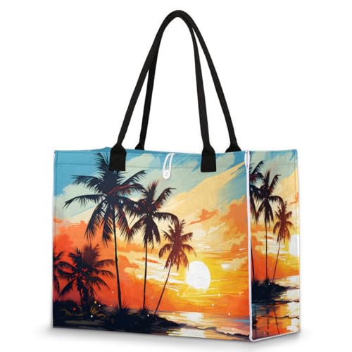 Coconut Sunset Sea Tote Bag for Women Large Beach Bag Reusable Tote Bags for Work Travel Beach Shopping