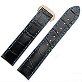  [Richie Correa] Correa de reloj de cuero negro/marrón de 19 mm/20 mm/22 mm, hebilla plegable para Omega [SpeedMaster] [Seamaster] [De Ville], Negro (hilo azul) (hebilla de oro rosa), 19mm, Correa