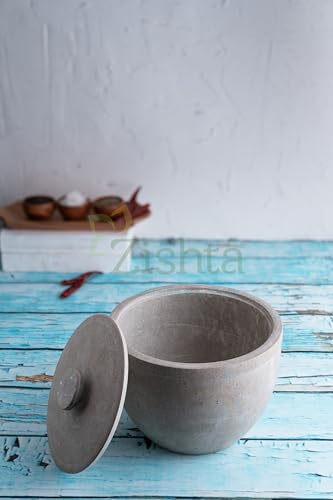 Image of Zishta Soapstone Storage Container with Lid - Medium | Traditional Curd Pot | Naturally Cooling Stone | 0.65-0.75L | Perfect for Setting Curd, Storing Salt, Pickle & Tamarind | 12.7cm