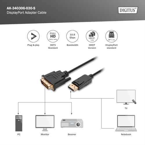 Digitus Cavo Adattatore Displayport - Dp A Dvi (24+1) - Full-Hd 1080P/60Hz - Displayport 1.1A - 3,0 M - Con Chiusura - Adatto A Monitor, Schede Grafiche - Nero - 3