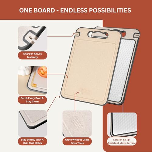 Tabla de cortar doble cara para cocina – Acero inoxidable 304 y paja de trigo, tabla grande para carne, verduras y frutas – Antideslizante, con ranura para jugos, resistente a rayaduras. 36.5 cm x 25 cm miniatura 4