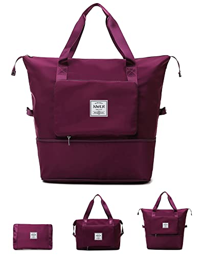 NWLR Large Capacity Folding Travel Bags Lightweight Waterproof Foldable Travel Duffel Bag Weekender Overnight Bag Shoulder Bag with Dry and Wet Pocket Gym Tote Bag, Fuchsia, Foldable〠expandable