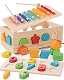 Jessruly Shape Sorter - Wooden Xylophone and Montessori Number Puzzle Set for Babies - Educational Sorting Game with Storage Car for Toddlers