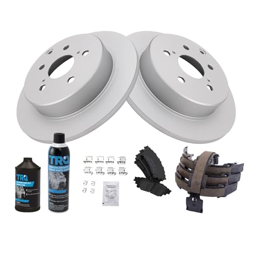 Image of TRQ Rear Brake Pad & Rotor Kit, with Chemical Kit Parking Brake Shoe Set Ceramic Premium G-Coated Compatible with 2016-2019 Toyota Mirai 2012-2017 Prius V