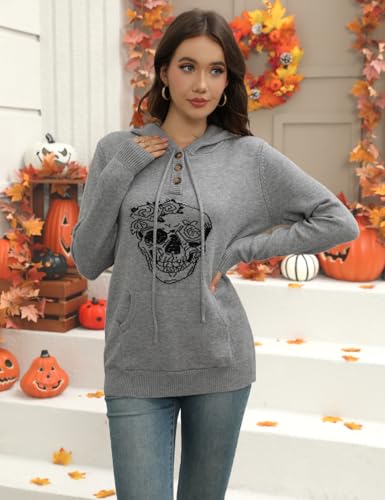 Image of CiCiBird Women Fall Winter Halloween Hoodie Flower Skull Graphic Tops Pullover 2024 Fashion Halloween Sweater Skull2 Gray L