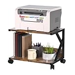 Huhote 2 Tier Desktop Printer Stand, Under Desk Printer Table, Multi-Purpose Desktop Storage and Organize, Wood Printer Stand with Wheels for A5 Folders Scanner Fax Machine Microwave Oven (Brown)