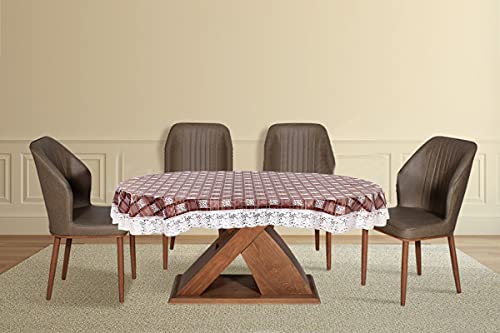 Image of The Furnishing Tree Waterproof PVC Oval Shaped 8 Seater Table Cover WxL 60x90 inches Basketweave Pattern Multicolor with White Border lace
