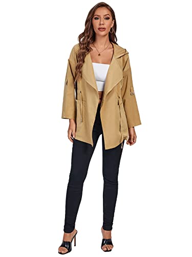 Umenlele Women’s Lapel Long Sleeve Drawstring Hooded Jackets Open Front Tie Waist Trench Coats With Pockets Khaki Small #TOP5