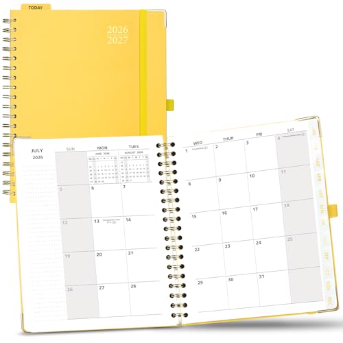 POPRUN Monthly Planner 2026-2027 Spiral Hardcover (8'' x 10''), 18 Months Calendar (Jan.2026-Jun.2027) - 2 Pages per Month with Dotted Note Pages, Sunday Start, Laminated Tab - Light Yellow