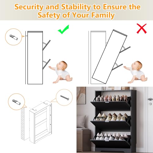 Image of BORNOON Entryway Shoe Cabinet with 3 Flip Drawers, Narrow Shoe Organizer Cabinet with Fluted Panel and Adjustable Shelves for Foyer, Hallway