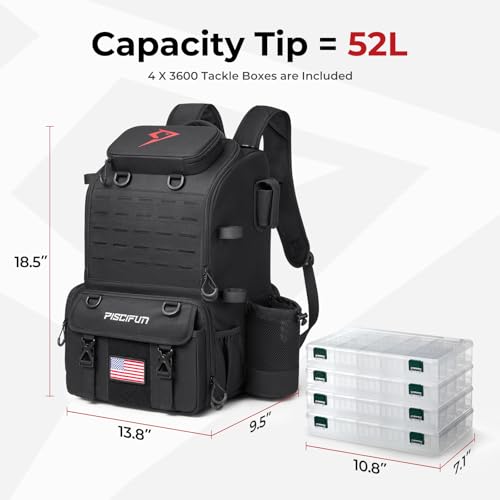Image of Piscifun 52L Fishing Tackle Backpack, 17 Pockets, Rod Holders & 4 Boxes | 52L, 17 compartments, 4 tackle boxes, Rain cover, Breathable support