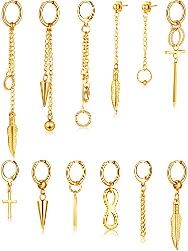 Hicarer 12 Pieces Hoop Dangle Earrings Hinged Hoop Earrings Long Chain Stainless Steel Dangle