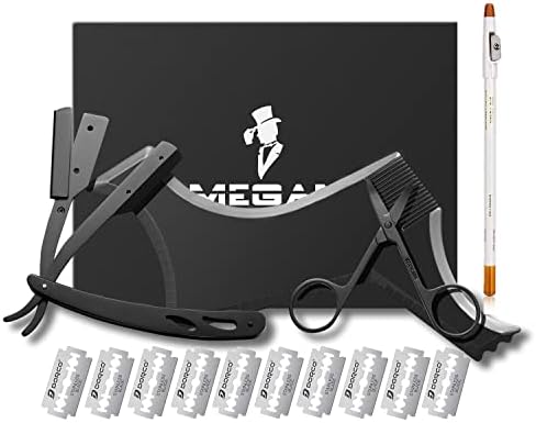Megan beard shaping tool,5 piece set beard shaper - include Professional Straight Edge Razor,beard template,10 Count of double edge blades,barber pencil and Stainless steel scissors.