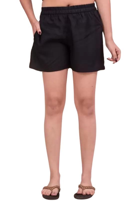 Image of Women's Cotton Regular Relaxed Fit Solid Print Design Thigh Length Casual Summer Running Yoga Gym Night Wear Shorts Elastic Waistband and Drawstring with Pocket