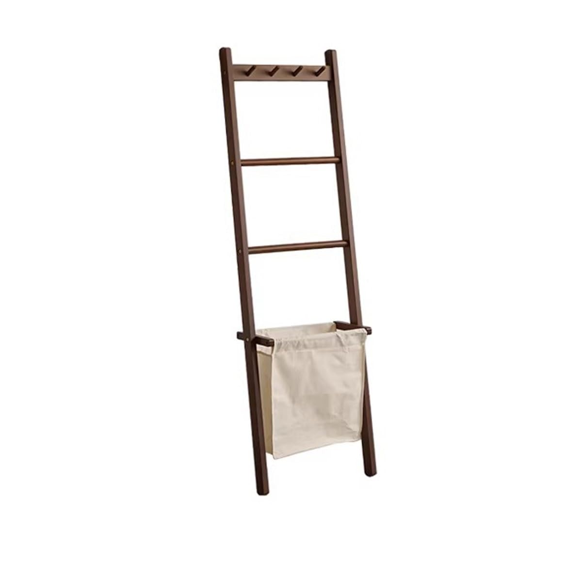 Drewniany drabinowy wieszak na ubrania z koszem do przechowywania – wolnostojący wieszak na płaszcze do sypialni, szafy wejściowej rustykalny brązowy 44 x 140 cm stylowy i oszczędzający miejsce