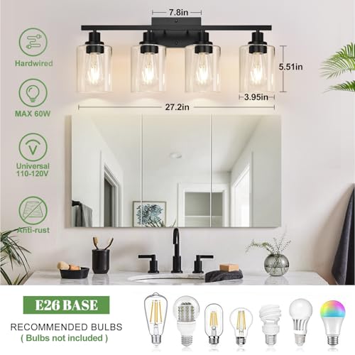 Image of MOKATNG 4-Light Bathroom Light Fixtures, Vanity Light with Clear Glass Shades, Matte Black Bathroom Light Fixtures Over Mirror, Modern Bathroom Wall Lamp for Mirror Living Room Cabinet Bedroom