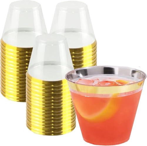 SUMFGO Gold Rimmed Plastic Cups 9 oz Clear Heavy-Duty Disposable Cups for Weddings Receptions & Parties 50-Pack
