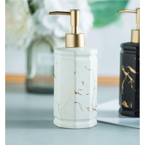 Dispensador de jabón de cerámica negro de 350 ml con diseño de mármol y bomba dorada retro 6
