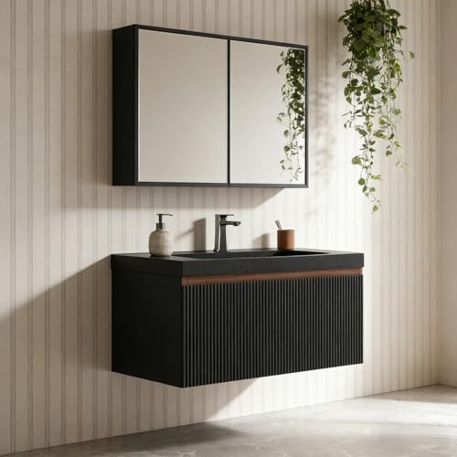 Image of 30'' Floating Bathroom Vanity with Sink, Wall-Mounted Bathroom Storage Cabinet with Soft-Close Striped Drawer & Quartz Sand Basin, Modern Smoked Walnut Body with Internal Handle, Black