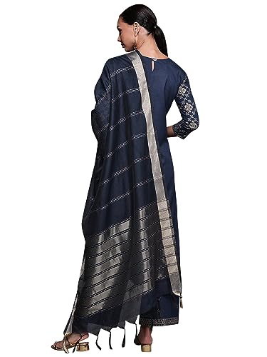 Image of Women Rangpreet Navy Blue Foil Printed Straight Kurta Palazzo With Dupatta Set