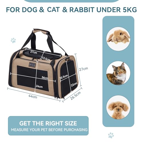 Petsfit Transportbox Katze kleine Hunde leicht Hundetasche Flugzeug für kleine Hunde Katzen Transporttasche Hundetragetasche,Tragetasche Hund Flugtasche mit Schutzgurt & erweiterbare Matte, S/Khaki