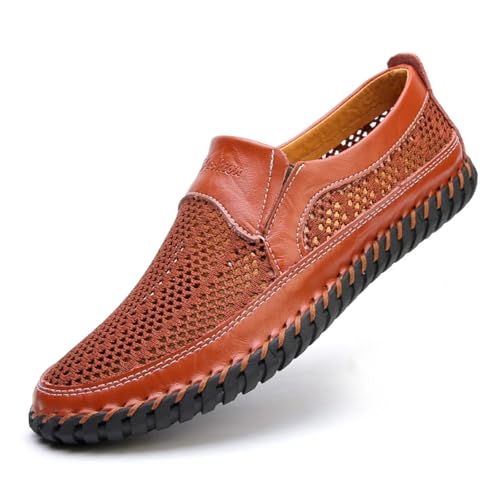 Mens Hollow Mesh Slip-On Loafers Handmade Soft Non-Slip Sole Casual Round Toe Breathable Outdoor Walking Driving Flats Sandals