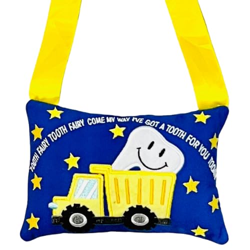Tooth Fairy Pillow w/ Fun Dump Truck Design - Tooth Fairy Tooth Holder w/ Handle -Large Pocket, Easy Hang Tooth Fairy Accessories for boys - Perfect Tooth Fairy Gift with Cute Saying - 4 x 6 inches