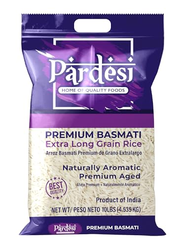 Pardesi Basmati Rice 10LB – Extra Long Grain Aged Basmati – Premium Quality, Aromatic Flavor, Fluffy Texture – Authentic Indian, Pakistani, Middle Eastern Cooking Rice – Now with New Packaging