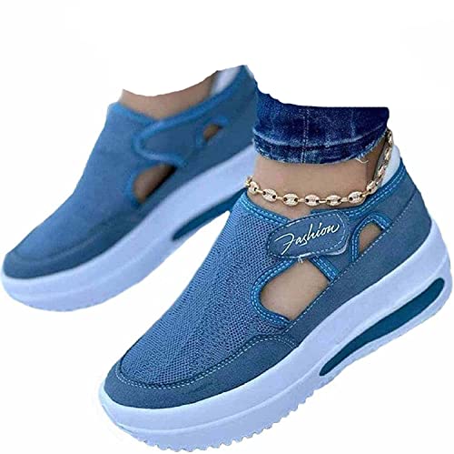 NHBEOEN Women's Orthopedic Shoes,Casual Breathable Mesh Flat Sneakers,Round Toe Thick Heel Buckle Hook Loop Work Shoes