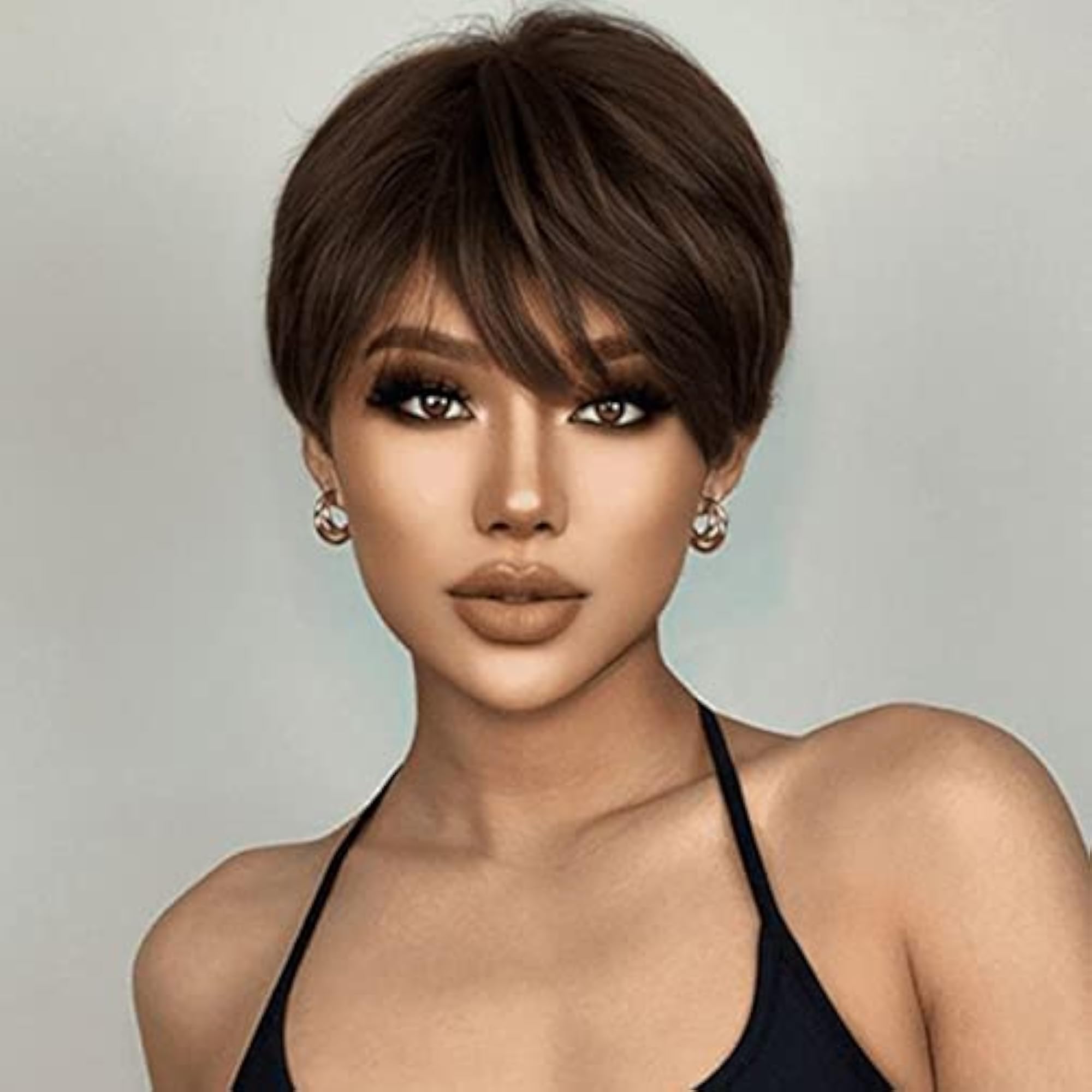 Short Brown Pixie Cut Wigs with Bangs for Women