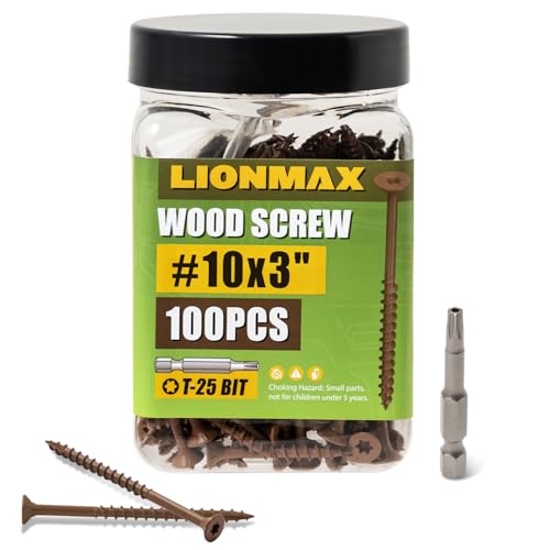 Image of LIONMAX Wood Screws 3 Inch, Deck Screws #10 x 3, 100 PCS, Rust Resistant, Epoxy Coated, Exterior Wood Screw, Outdoor Decking Screws, Torx /Star Drive Head, T25 Star Bit Included, Brown