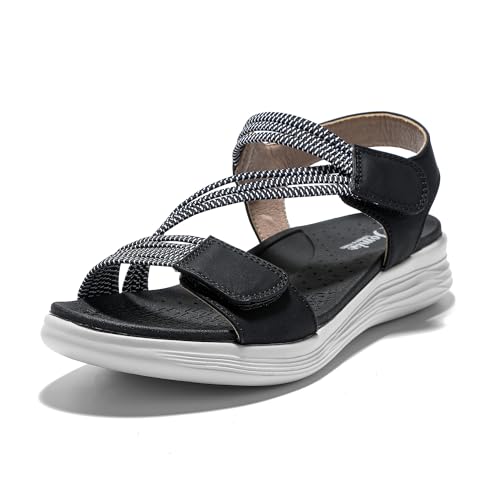 JOMIX Sandalias Mujer Verano con Cordón Elástico Sandalias Planas Mujer con Banda Ajustable Plantilla Ortopédica Playa Piscina Mar, Negro, 38 EU