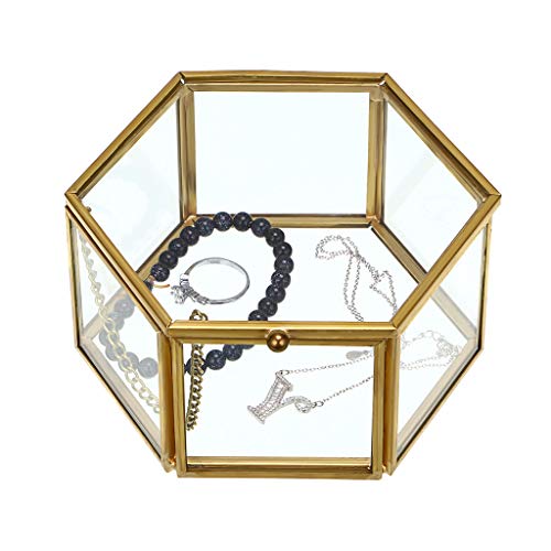 Hipiwe Vintage Glass Jewelry Box - Golden Hexagonal Jewelry Display Organizer Keepsake Box Home Decorative Box Case For Storage Trinket Ring Earring Chest #TOP1
