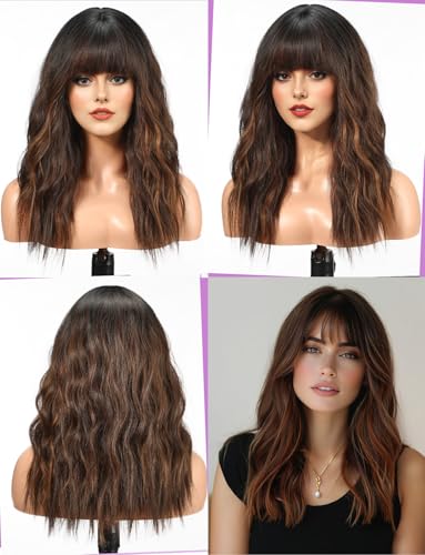 WOKESTAR Long Wig with Fringe Synthetic Wavy Wigs for Women Brown with Highlights Color - Image 2