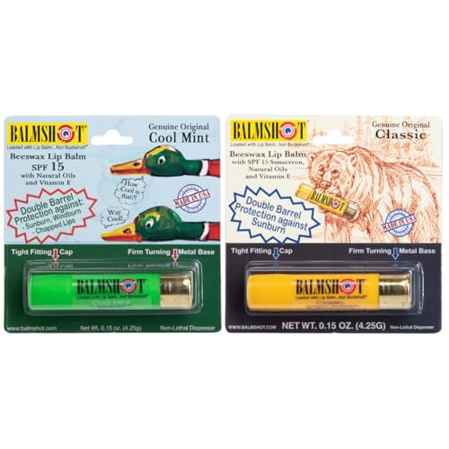 BALMSHOT Lip Balm Two Pack of Classic & Cool Mint - SPF 15, Natural Beeswax Chapstick, Long Lasting Moisturizer for Dry Chapped Lips, 20-Gauge Brass Shotgun Shell Case, Heat Resistant, Made in USA