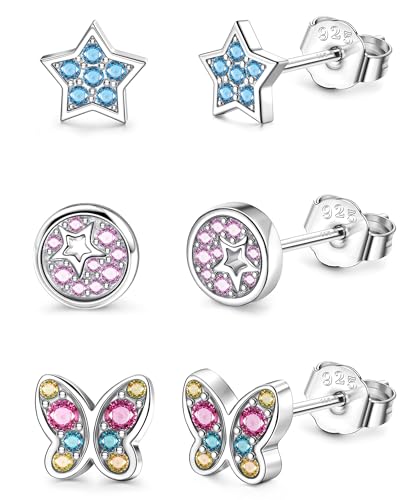 ORAZIO 3 Pares Plata de Ley 925 Pendientes Pequeños para Niñas Set de Pendientes de Corazón Cúbicade Mariposa de Zirconia Cúbica para Mujeres Niños Set de Pendientes Hipoalergénicos