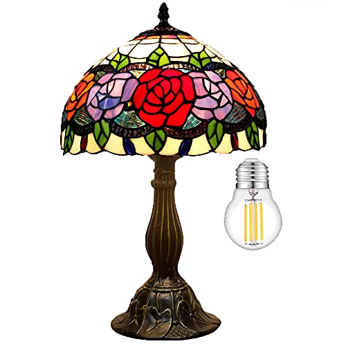 Rose Tiffany Lamp Stained glass Table Lamp Style Art Glass Desk Lamp 19 Inch Tall Glass 12 Inch Lamp Shade Lamp Beside Lamp 1 Bulb Antique Zinc Base for Living Room Bedroom Kitchen Family Glass