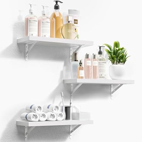 AIKTOTA Floating Shelves for Wall, White Shelf with Metal Bracket, Modern Wall Mounted Shelves for Bathroom, Living Room, Bedroom, Kitchen, Office Storage Shelves for Decor, Set of 3 Cover
