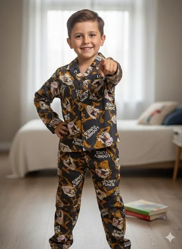 Image of TONY & JONY Summer Casual Wear Self Design Cartoons Printed Full Sleeve 100% Pure Cotton Kid's Top Bottom Set /Night Suit