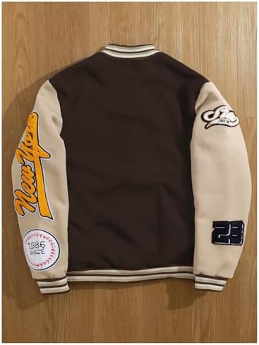 GORGLITTER Men's Letter Graphic Varsity Jacket Long Sleeve Striped Trim Button Bomber Jackets