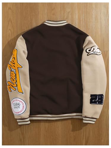GORGLITTER Men's Letter Graphic Varsity Jacket Long Sleeve Striped Trim Button Bomber Jackets