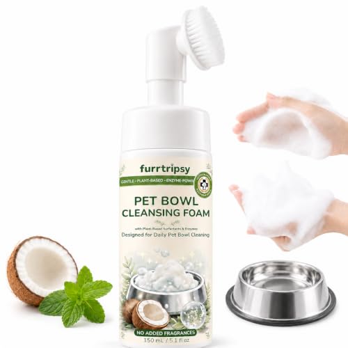 Furrtripsy Pet Bowl Cleaner Mousse with Scrub Brush - Vet Enzyme Formula for Dog Cat Dishes, Toys Fountains & Bird Baths Feeders Cleaner - No Residue - 5.1oz Travel Size - Lick Safe, Unscented