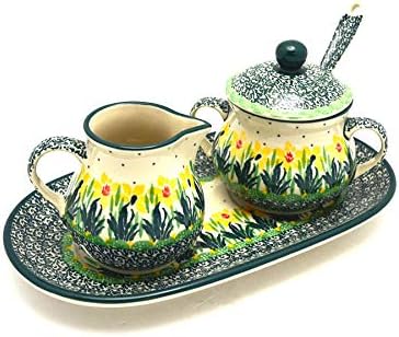 Polish Pottery Cream & Sugar Set with Sugar Spoon - Daffodil