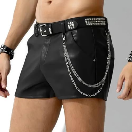 HEBEOT Short décontracté en similicuir pour homme avec poches, style punk, longueur genou, pour discothèque, noir, couleur unie, coupe droite pour toutes les saisons, tailles M à 2XL (L noir) – vue 4