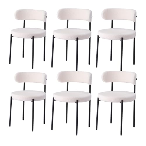 GrandCA HOME Set di 6 Sedie da Pranzo, Sedia da Cucina Imbottita con Rivestimento in Velluto Teddy, Adatta a Soggiorni, Sale da Pranzo e Camere da Letto, Bianco