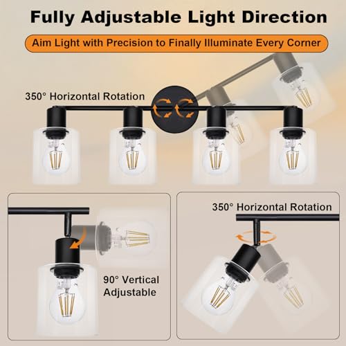 HiBay 4-Light Black Track Lighting Fixture, Ceiling Wall Mount Rotatable Spotlight with Glass Shades, Modern Farmhouse Industrial Track Lights for Kitchen, Dining Room, Bathroom, E26 Base