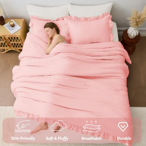 Image of FUANNA Full Size Comforter Sets Pink, 3 Pieces Ruffle Full Size Bedding Sets, Fluffy Bed in a Bag Full for All Seasons, Shabby Chic Full Bed Set with 1 Lightweight Comforter & 2 Pillowshams