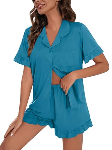 Image of SWOMOG Woman Pajama Set Short Sleeve Pjs Set 2Pcs Short Pajamas Button Down Ruffle Hem Sleepwear Soft Modal Loungewear