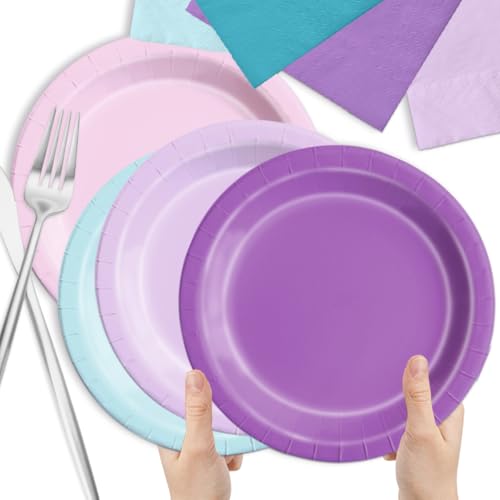 Image of CMUSKO Mermaid Birthday Decorations-150Pcs Pink Blue Purple Plates and Napkins Mermaid Theme Party Supplies Serves 50 for Girl Birthday,Baby Shower,Wedding